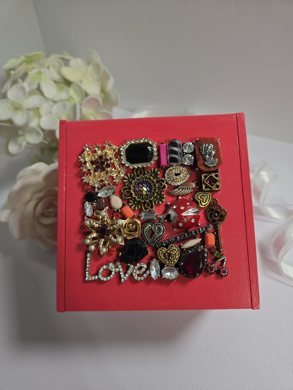 Salvaged Treasure Upcycled Jewelry Art Wooden Keepsake Trinket Box - LOVE Theme